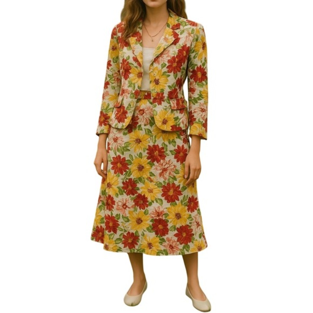 VTG Kay Unger Floral Blazer Skirt Suit‎ Set Sz Small Red Yellow Silk Linen Blend